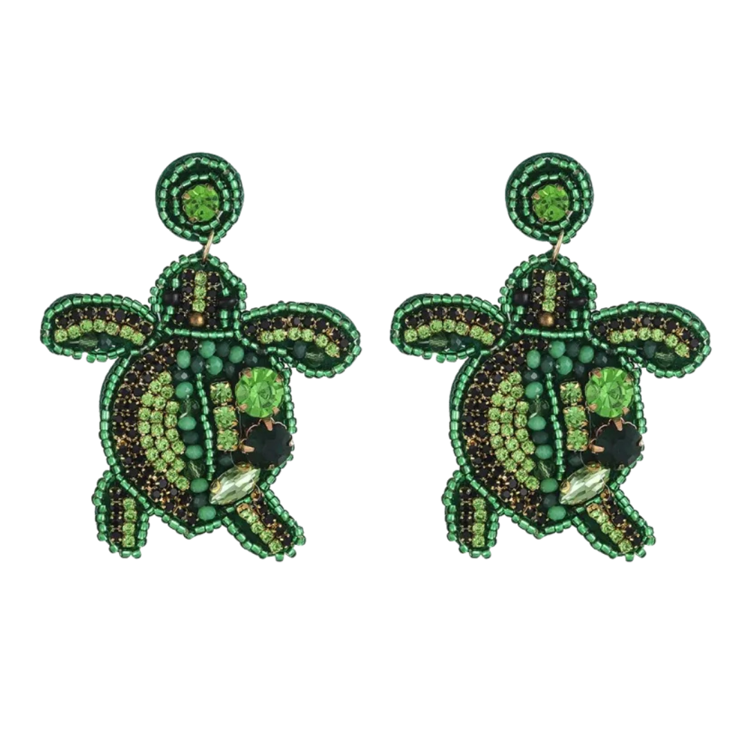 Turtle Beaded Earrings in Green