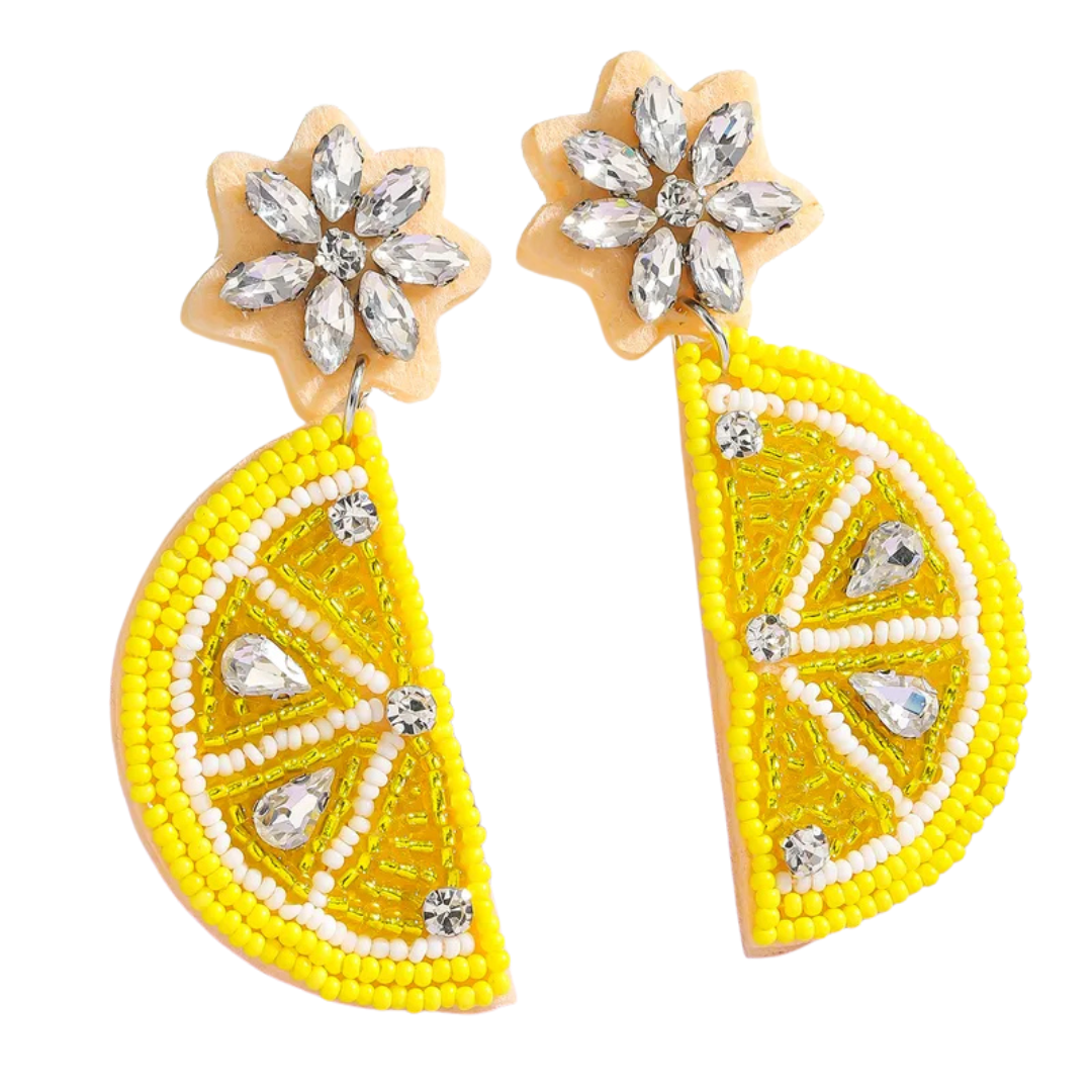 Lemon Slices Beaded Earrings in Yellow