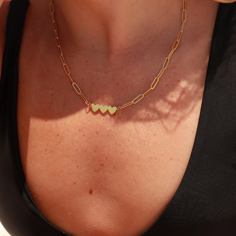 Paperclip 3 Heart Necklace in Gold
