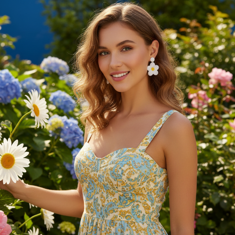 Daisy Beaded Earrings in White