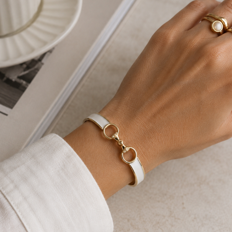 The Friesian Horse Bit Hinged Bracelet in White