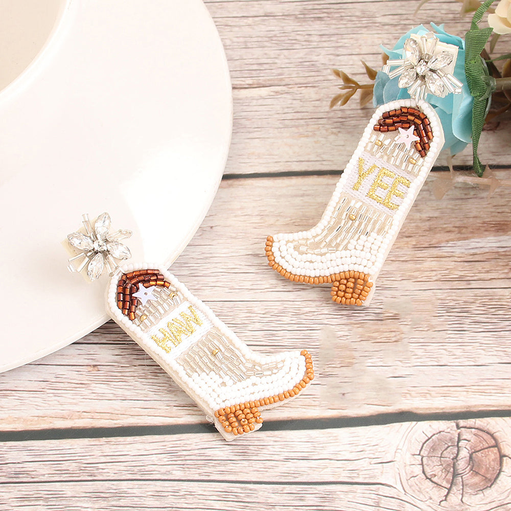 Beaded Cowboy Boot Earrings in White