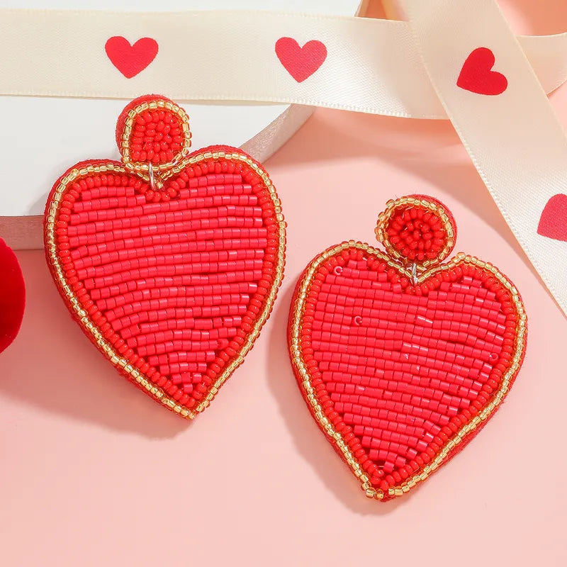 Heart Beaded Earrings in Red