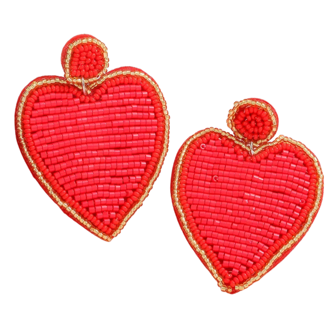 Heart Beaded Earrings in Red