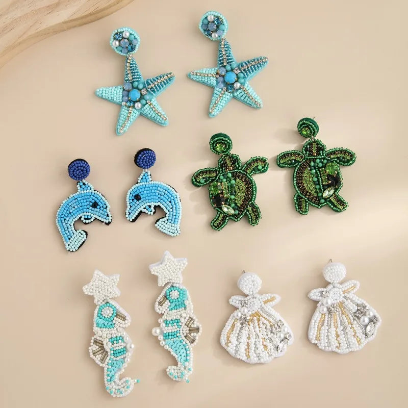 Starfish Beaded Earrings in Blue