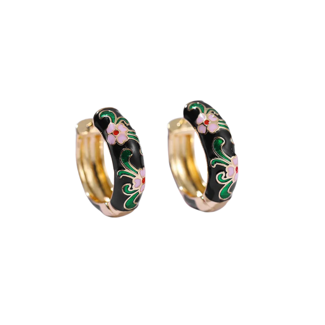 Floral Enamel Hoops in Black and Gold