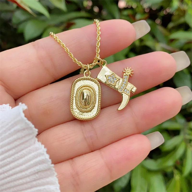 Cowboy Boot and Stetson Necklace in Gold
