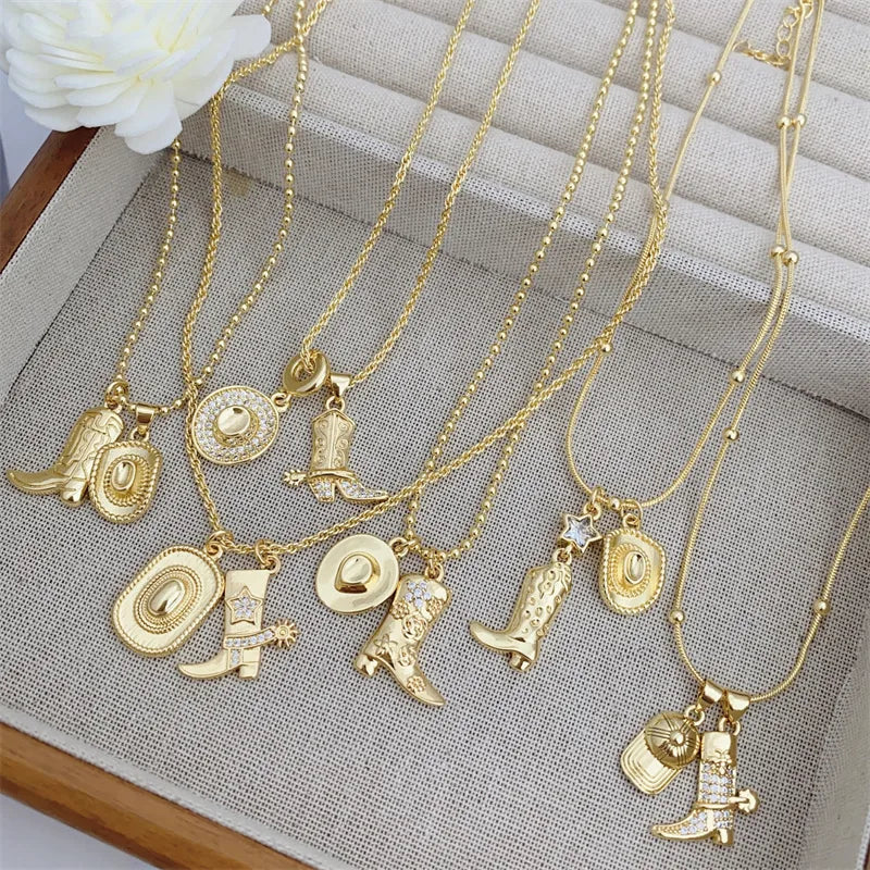 Cowboy Boot and Stetson Necklace in Gold