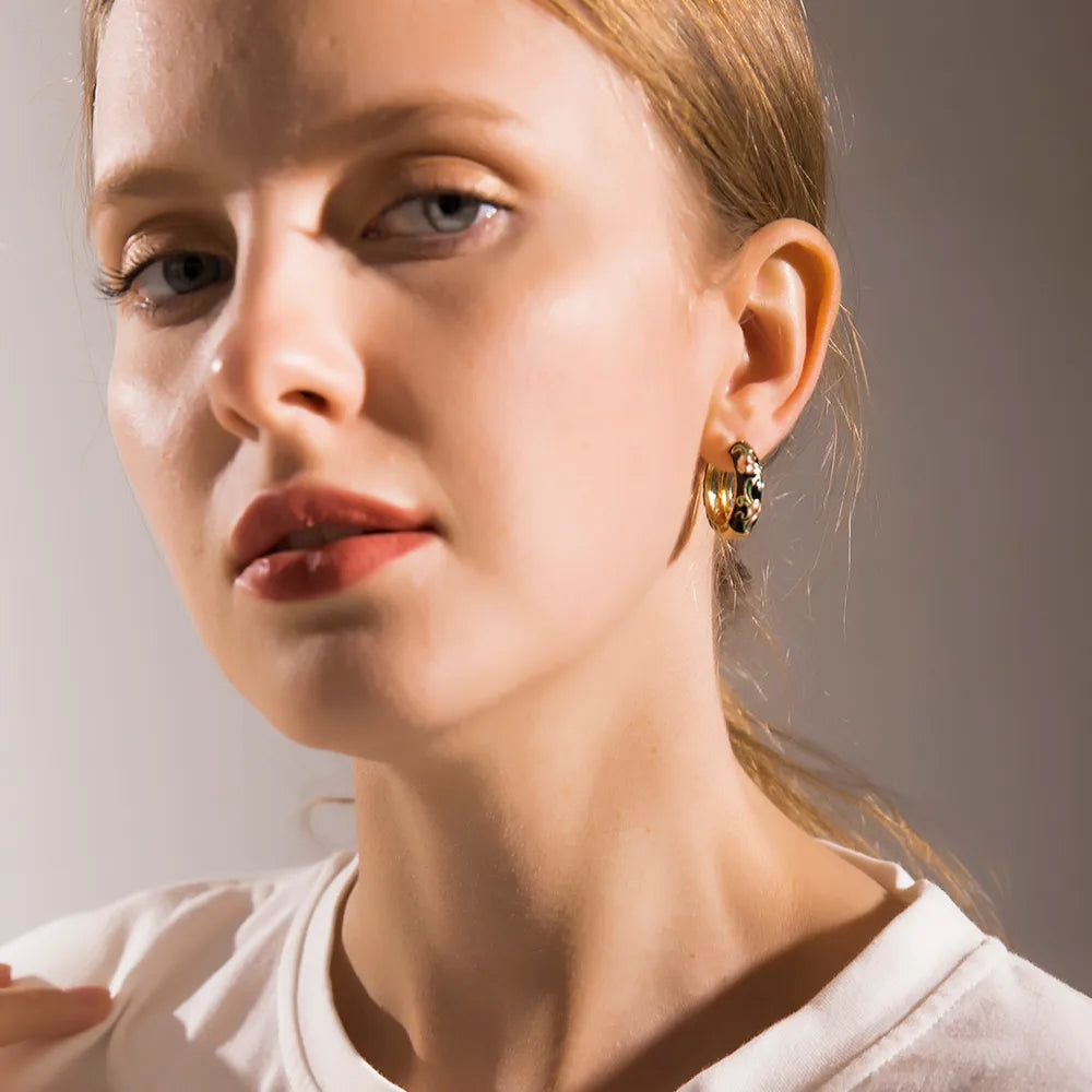 Floral Enamel Hoops in Black and Gold
