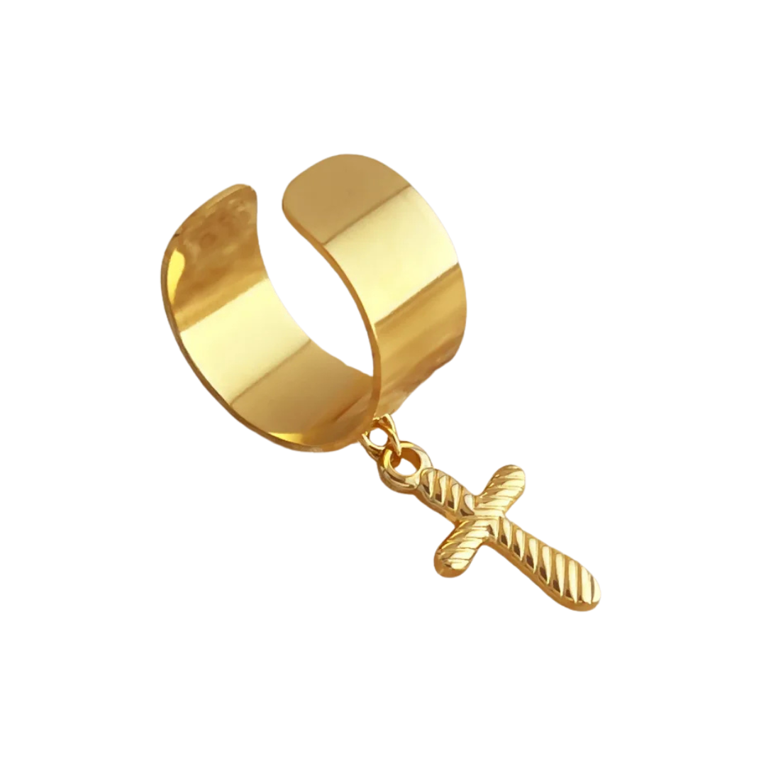 Adjustable Charm Barrel Ring in Gold Cross