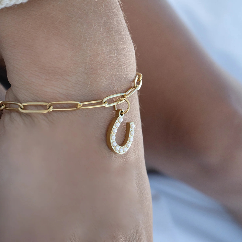 Horseshoe Pearl Charm in Gold