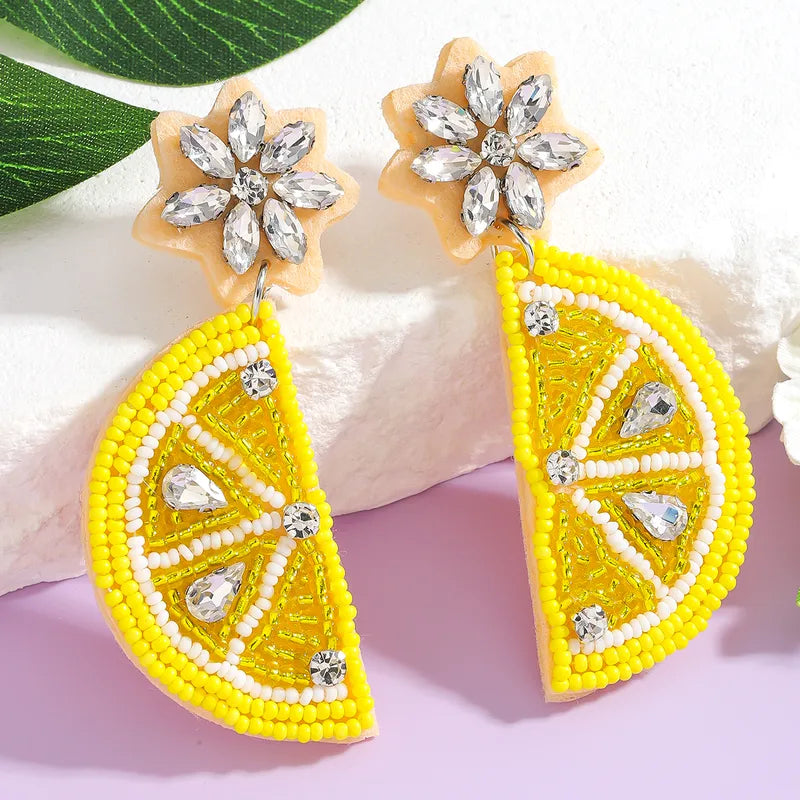 Lemon Slices Beaded Earrings in Yellow