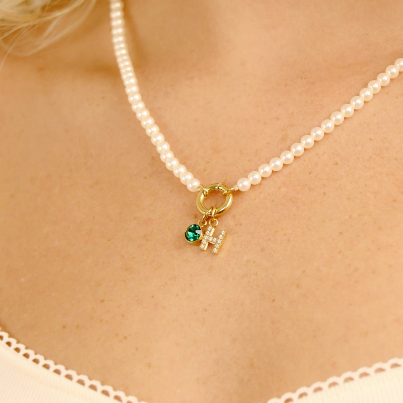 Glass Pearl Necklace with Gold Charm Keeper