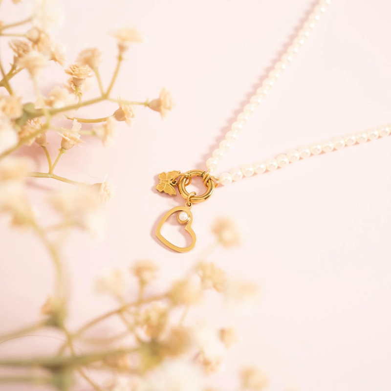 Glass Pearl Necklace with Gold Charm Keeper