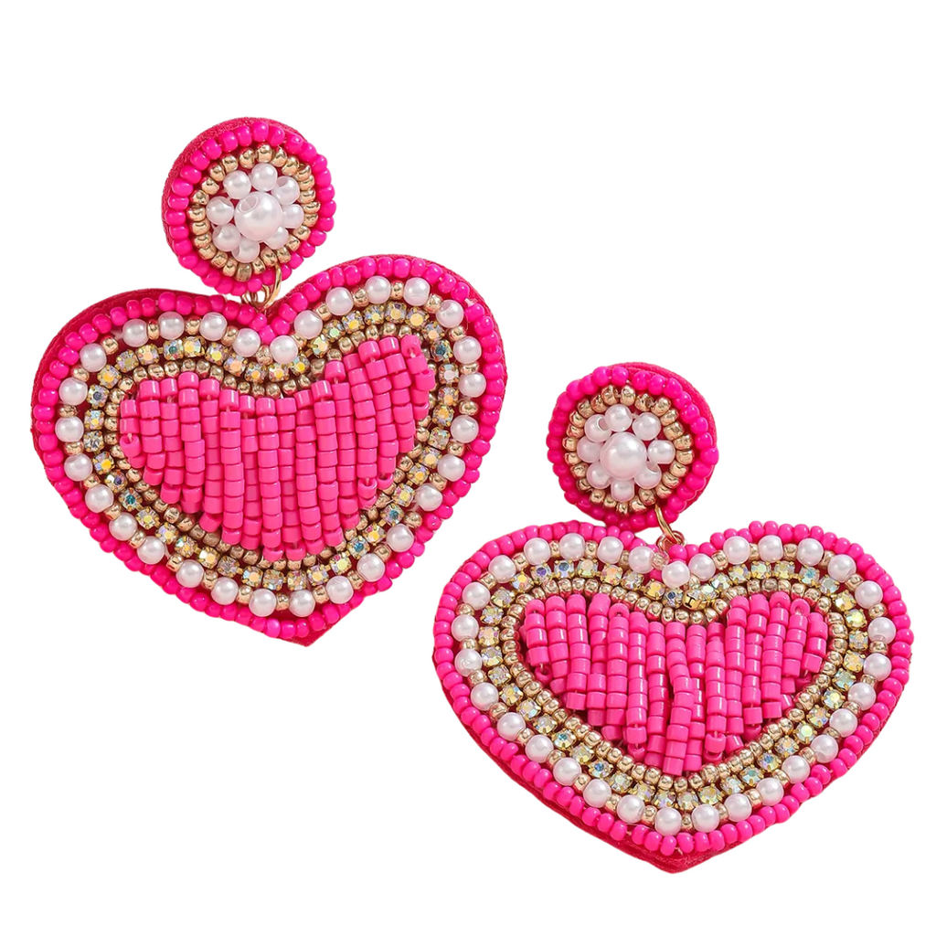 Hollow Heart Beaded Earrings in Pink