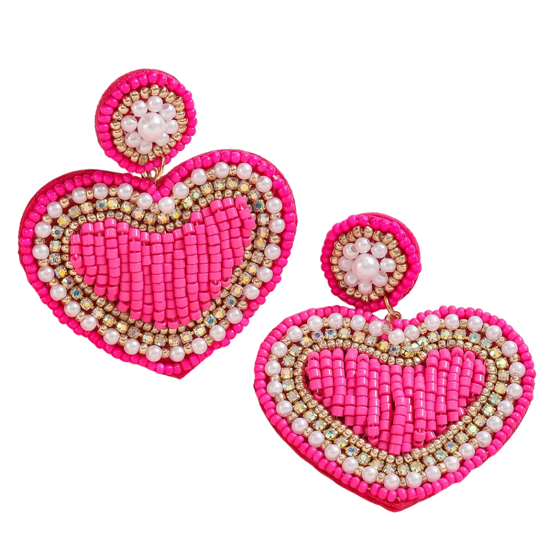 Hollow Heart Beaded Earrings in Pink