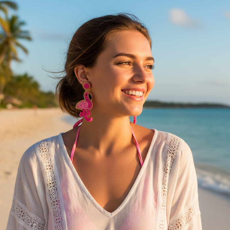 Flamingo Beaded Earrings in Pink