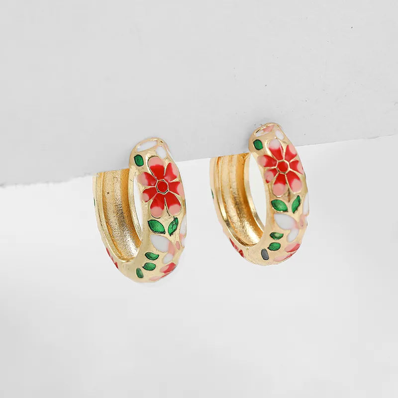 Floral Enamel Hoops in Red and Gold