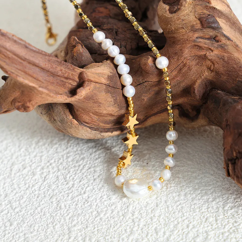 Freshwater Pearl and Star Necklace in Gold