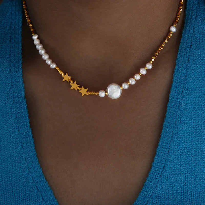 Freshwater Pearl and Star Necklace in Gold