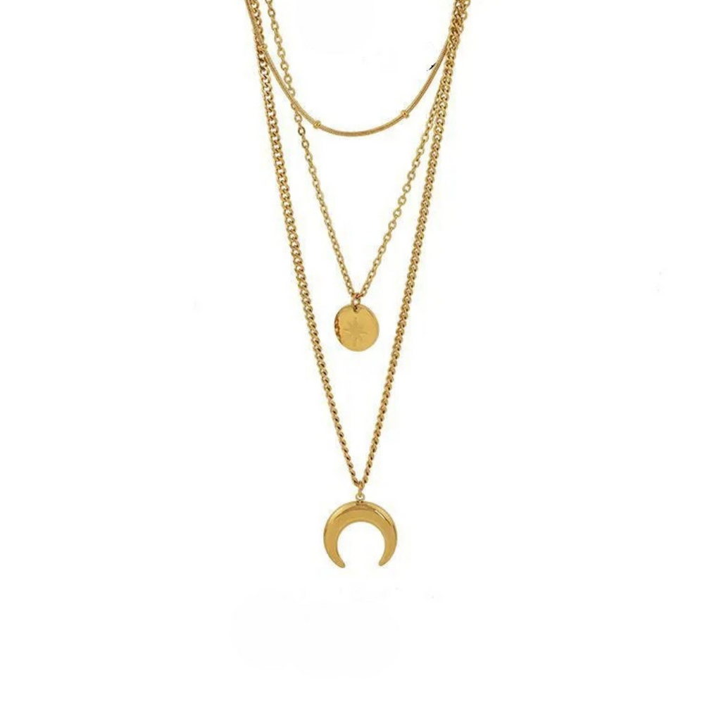 Layered Moon and Star Necklace in Gold