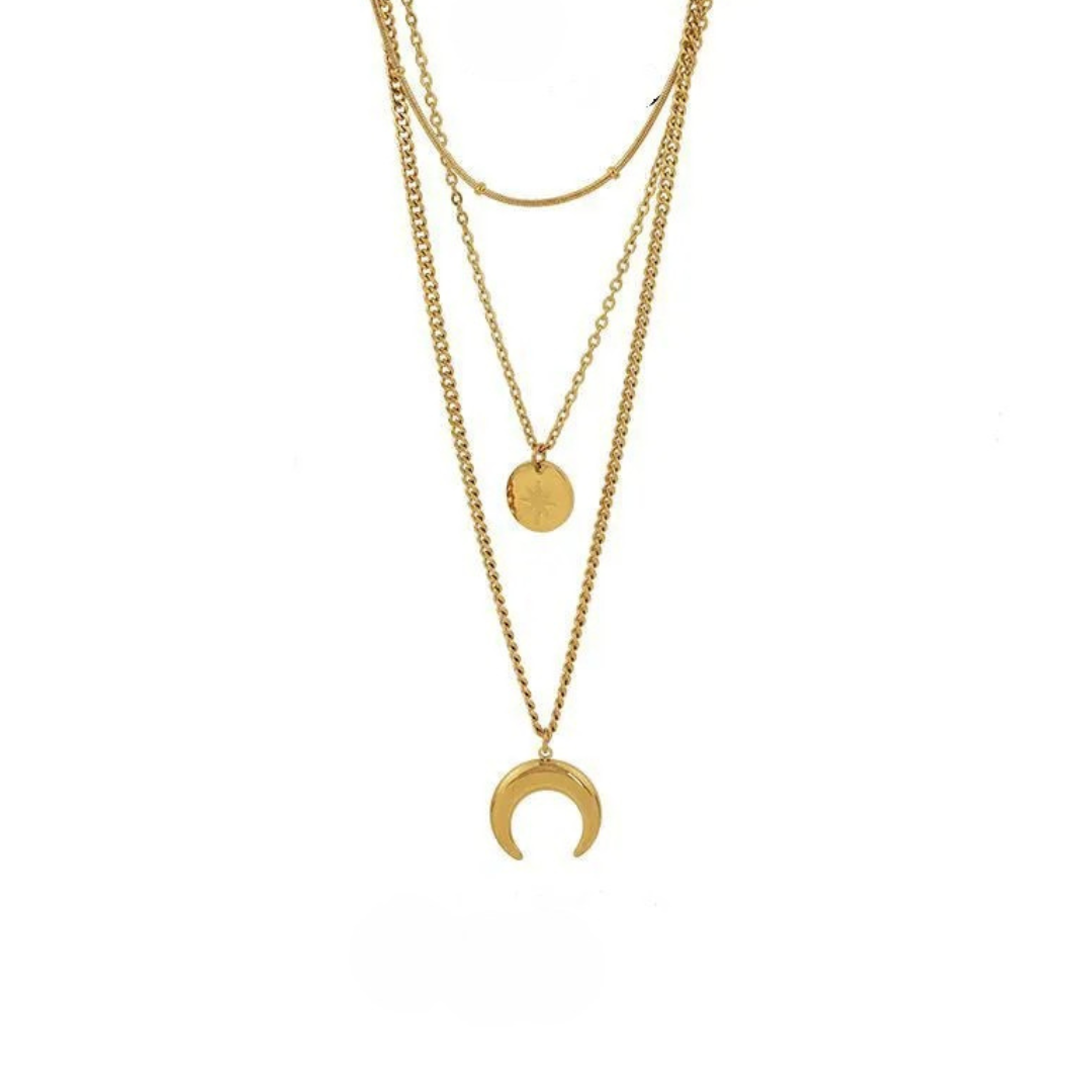 Layered Moon and Star Necklace in Gold