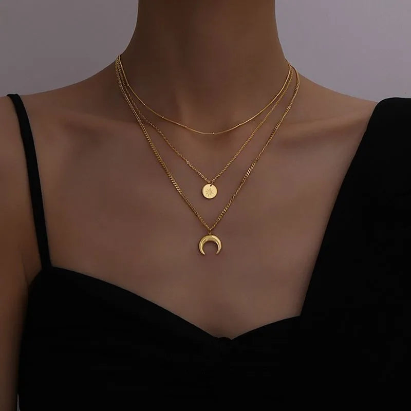 Layered Moon and Star Necklace in Gold