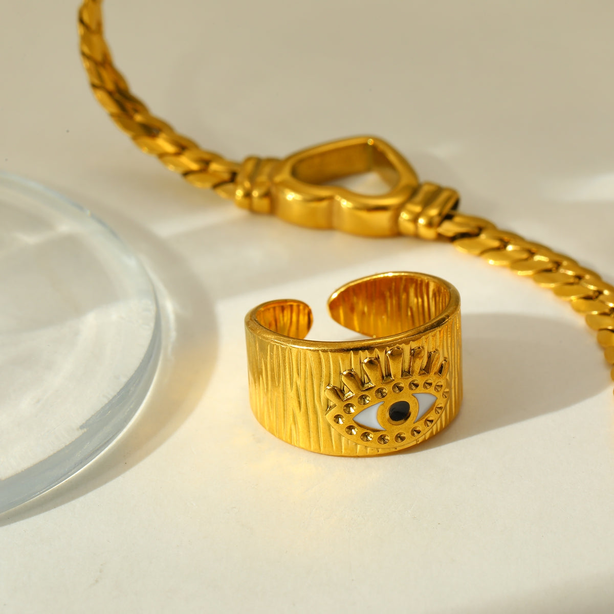 Turkish Eye Barrel Cuff Ring in Gold