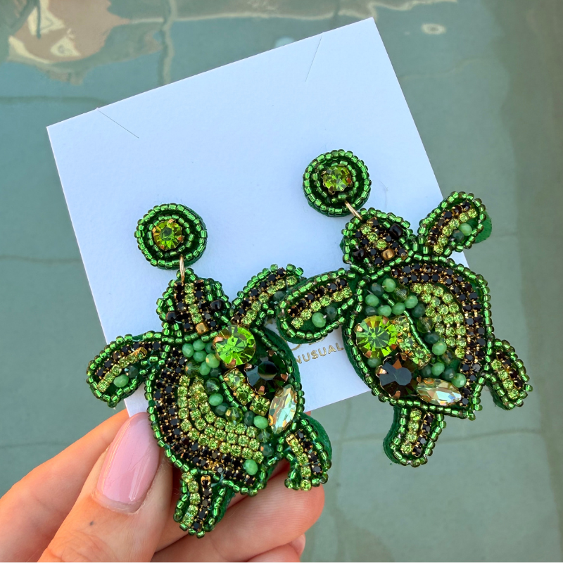 Turtle Beaded Earrings in Green